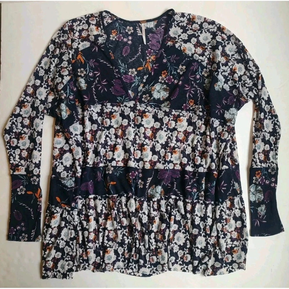 Free People Isabelle Floral Tunic Top Oversized White Blue Purple Blouse S - Picture 5 of 16